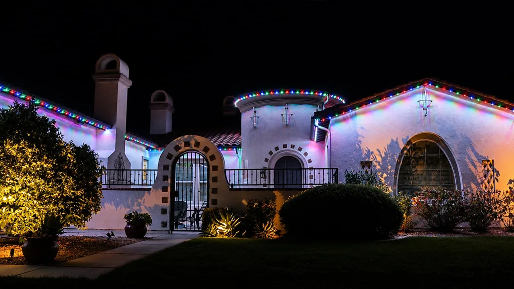 Rendering of a Spanish-style stucco home at night with multicolor roofline lights and warm landscape uplighting